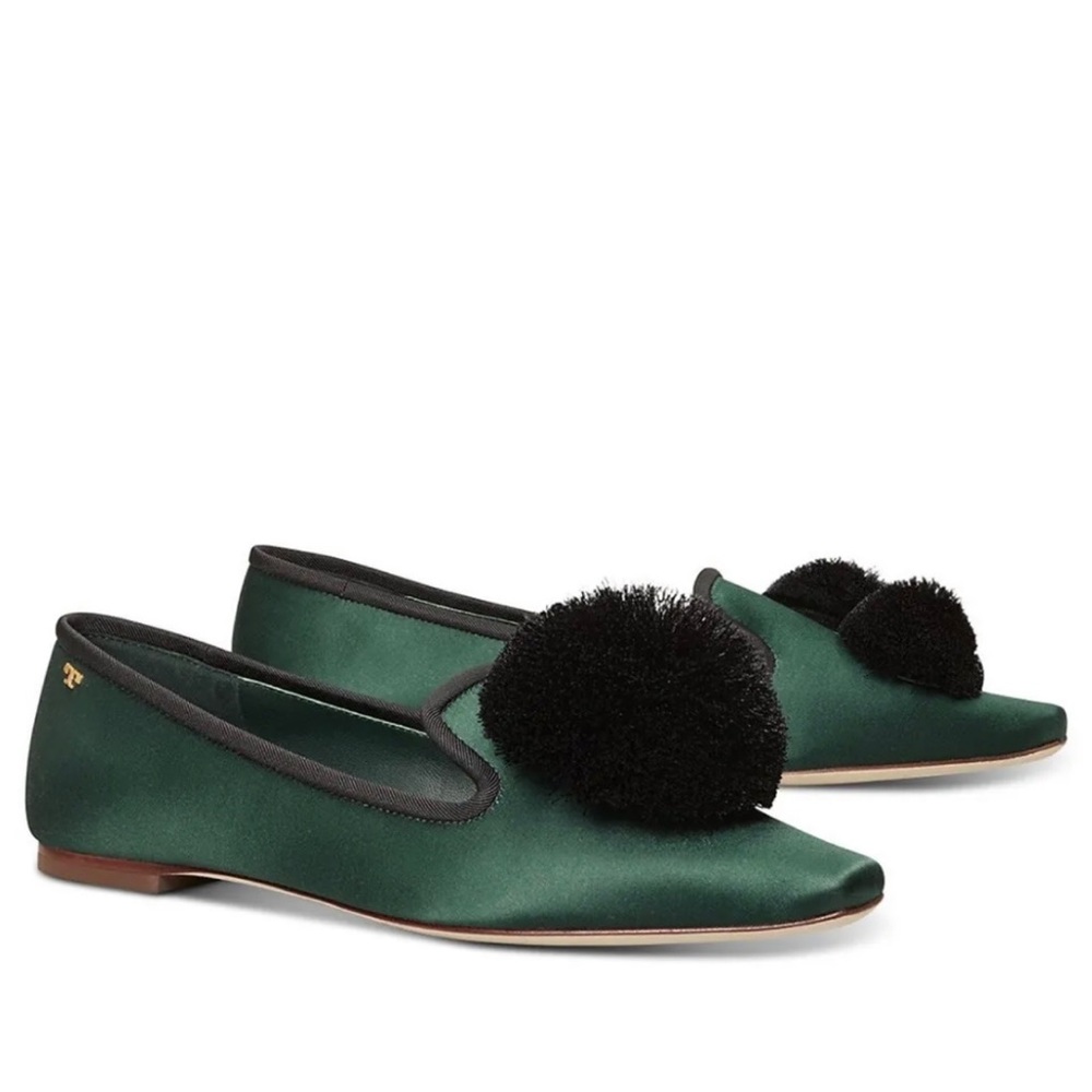 NWT Tory Burch Satin Pom Pom Smoking Loafers in Emerald Green, Brand New in box - Picture 5 of 13